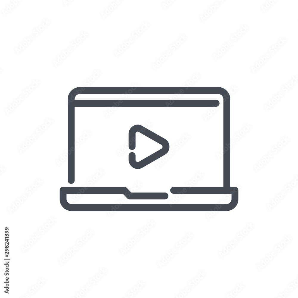 Online video and education training line icon. Laptop with online video player and webinar vector outline sign. Online video and education training line icon. Laptop with online video player and webinar vector outline sign.