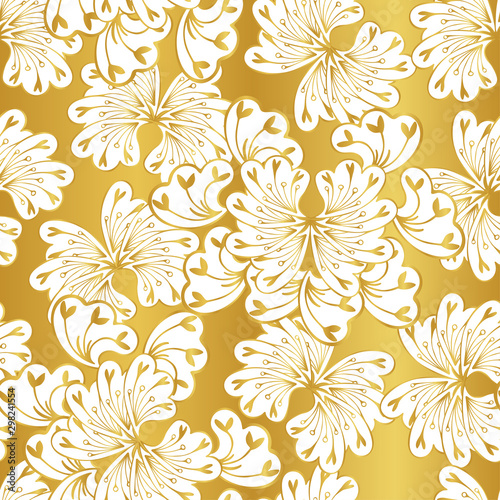 White fantasy flowers on a gold background