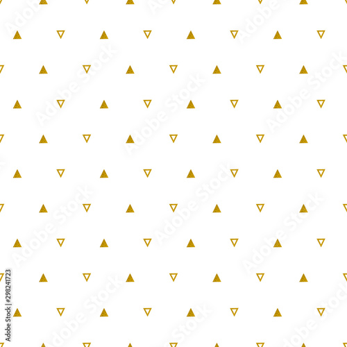 Gold triangles pattern on white background. Abstract seamless repeating pattern. Minimal design with golden glittering geometric shapes. Vector illustration.