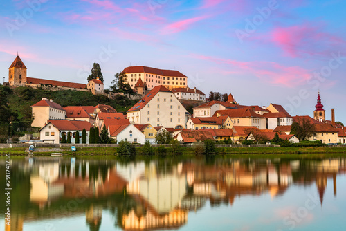 Ptuj, Oldest City in Slovenia. Castle and Architecture Reflection in River Drava
