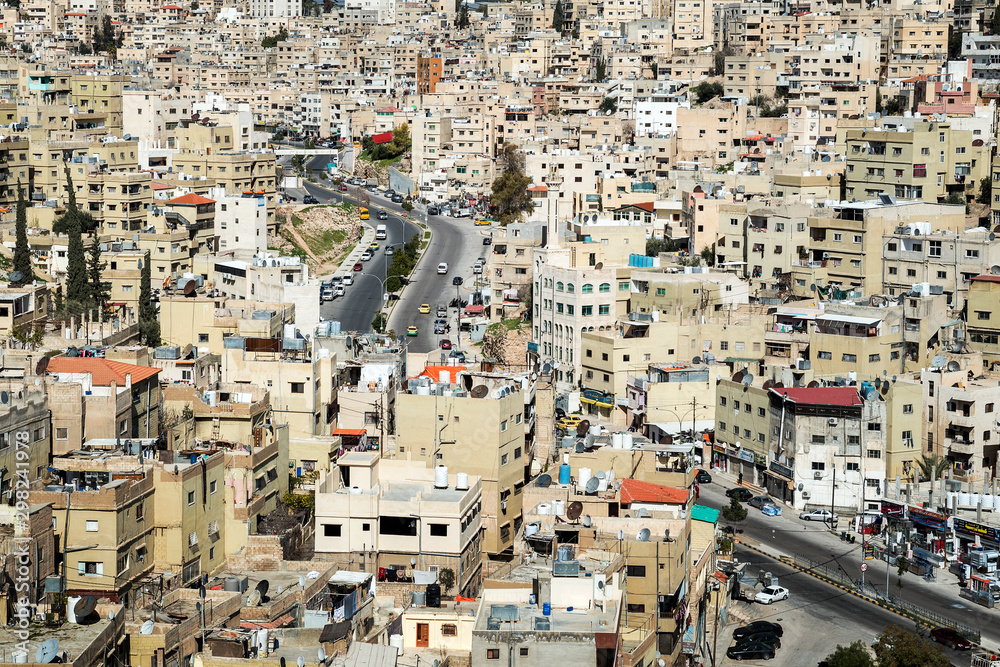 Aerial view of Al-Urdón st. in Al-Qusur neighbourhood, Amman city, Jordan
