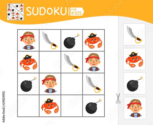 Sudoku game for children with pictures. Kids activity sheet. Pirate collection.