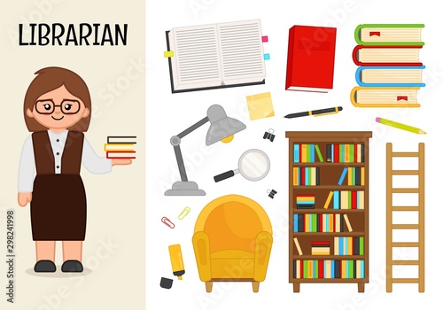 Vector character librarian. Illustrations of library equipment. Set of cartoon professions.