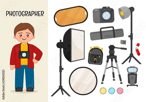 Vector character photographer. Illustrations of photographer equipment. Set of cartoon professions.