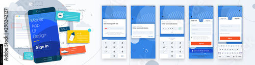 Design of the Mobile Application UI, UX. Set of GUI Screens with Login and Password input, Sign In and Sign Up