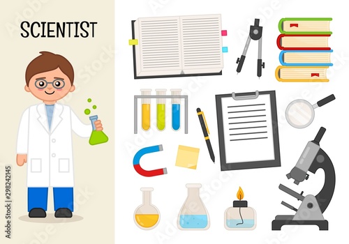 Vector character scientist. Illustrations of scientist equipment. Set of cartoon professions.