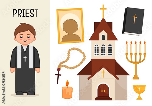 Vector character Priest. Illustrations of church icons. Set of cartoon professions.