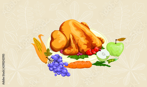 Delicious vector illustration of a baked Turkey with fruits and vegetables on a leafy background