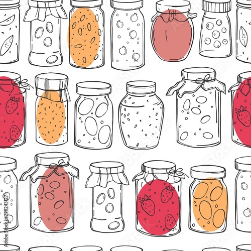 Hand-drawn jam jars. Vector  seamless pattern