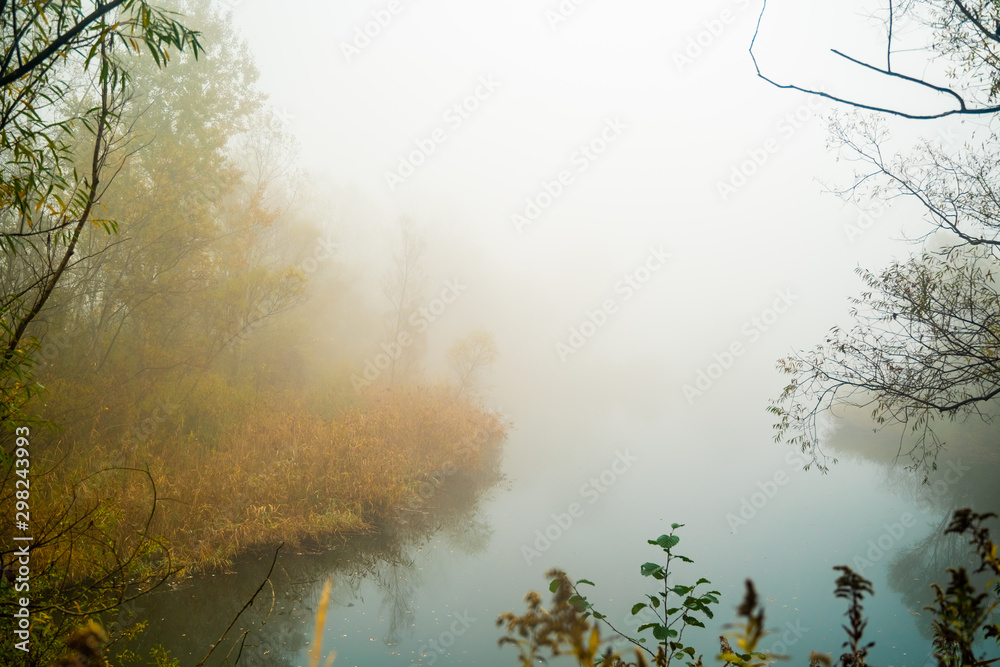 Pond covered in fog during autumn morning