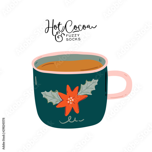 Tasty holiday hot drink in cartoon style. Hand drawn cute Merry Christmas illustration with new year typography wish. Vector isolated. Cozy winter mood. Hygge cocoa, tea, coffee, cuppuccino.