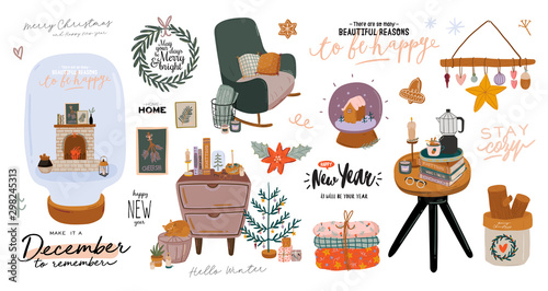 Scandinavian interior with home decorations - wreath, cat, plaid, gift, candles, table. Cozy Winter holiday season. Cute illustration and Christmas typography in Hygge style. Vector. Isolated.