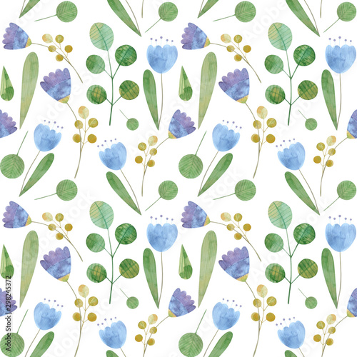 seamless pattern with cute watercolor illustration of stylized flowers.