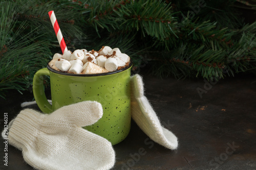 hot cocoa with marshmallow in a green Cup