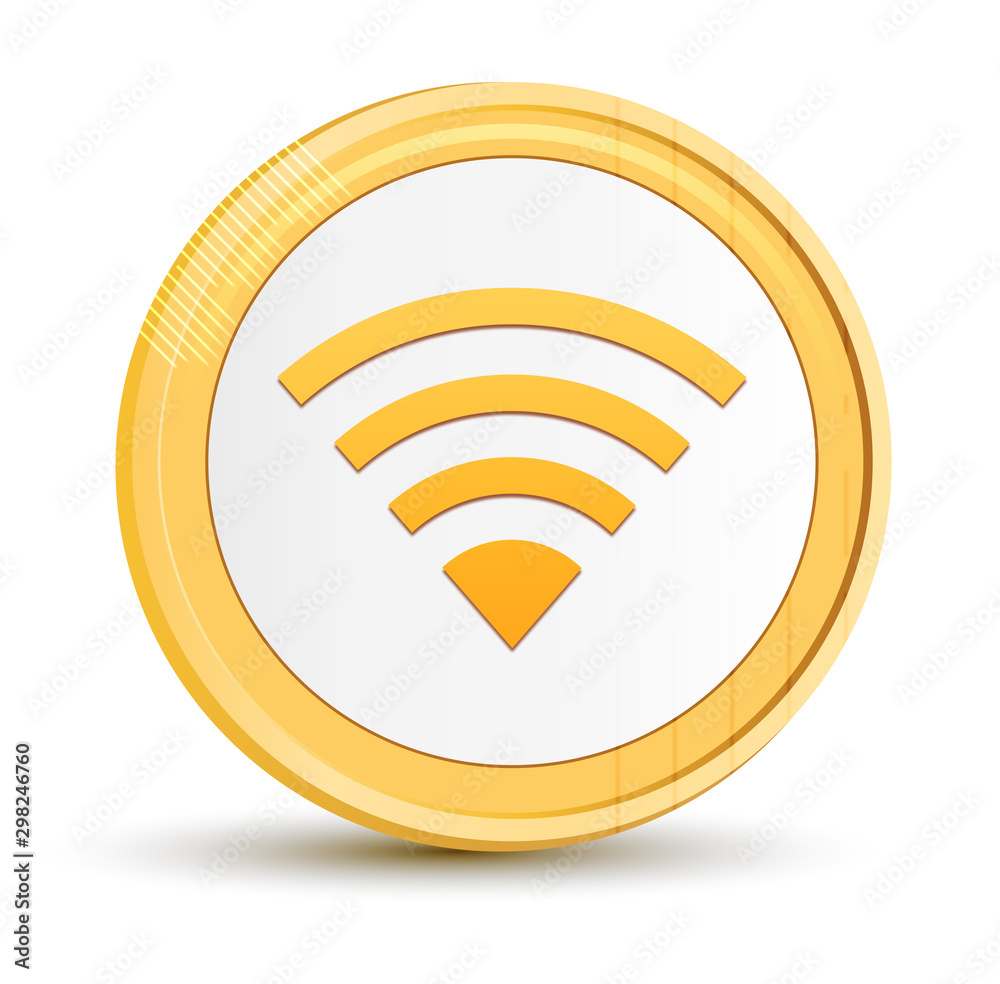 Wifi icon gold round button golden coin shiny frame luxury concept abstract illustration isolated on white background Wifi icon gold round button golden coin shiny frame luxury concept abstract illustration isolated on white background