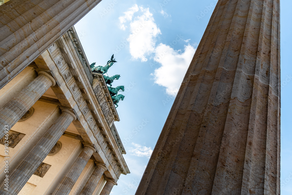 Low angle view of the Brandenburg Gate in Berlin at evening
