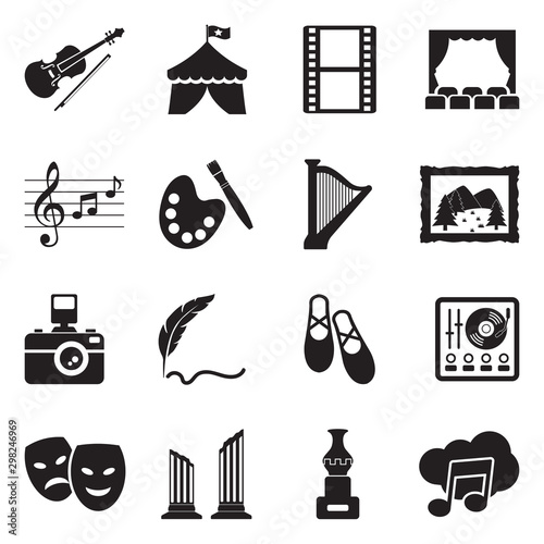 Arts And Entertainment Icons. Black Flat Design. Vector Illustration.