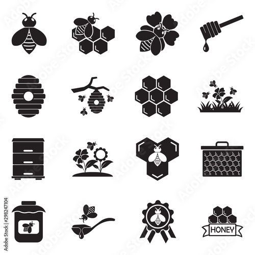 Bee Icons. Black Flat Design. Vector Illustration.