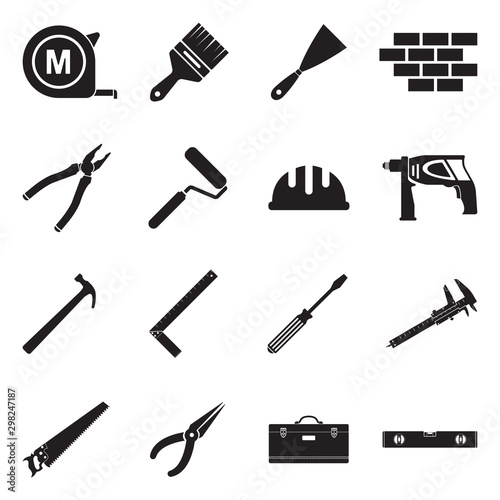 Builder Tools Icons. Black Flat Design. Vector Illustration.