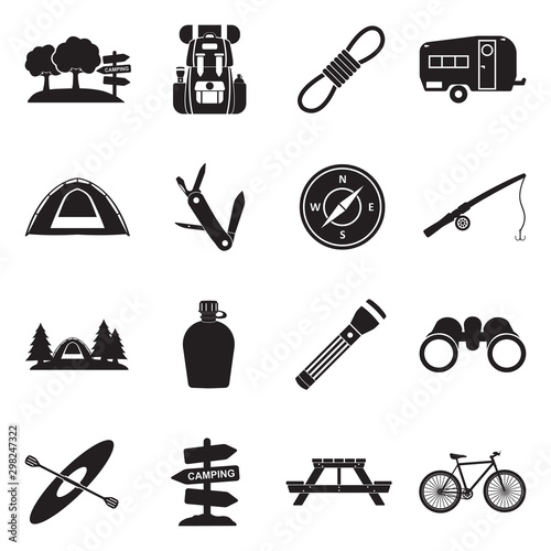 Camping And Outdoor Icons. Black Flat Design. Vector Illustration.