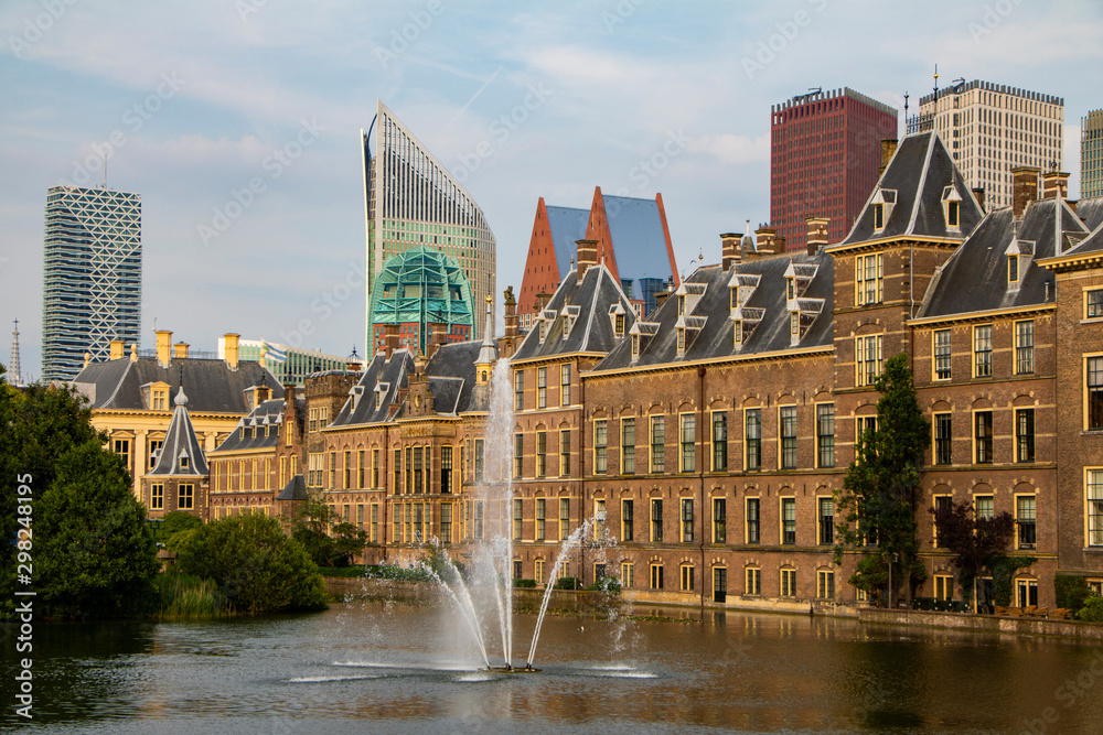 The Hague (Den Haag) city centre, Panorama of the Binnenhof at the Hofvijver lake in The Hague, the government complex houses the Senate (Eerste Kamer) and the House of Representatives (Tweede Kamer),