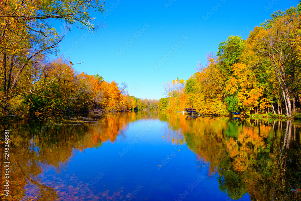 Golden autumn park,Autumn forest lake water landscape, Forest lake in fall, USA Golden autumn park,Autumn forest lake water landscape, Forest lake in fall, USA