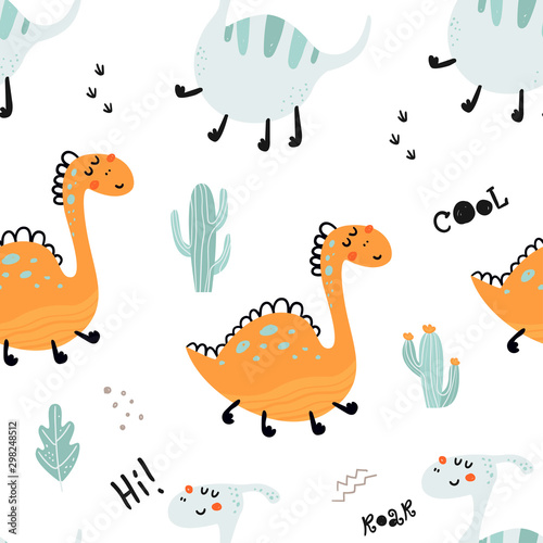 Seamless pattern with cute dinosaurs.