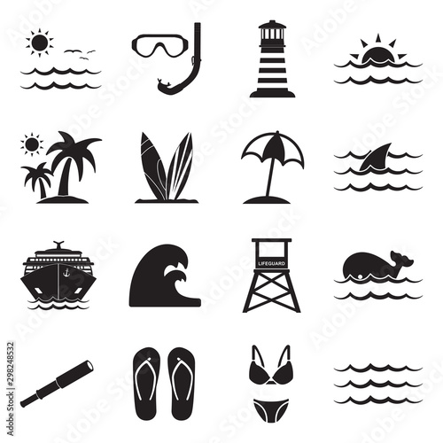 Sea Icons. Set 2. Black Flat Design. Vector Illustration.