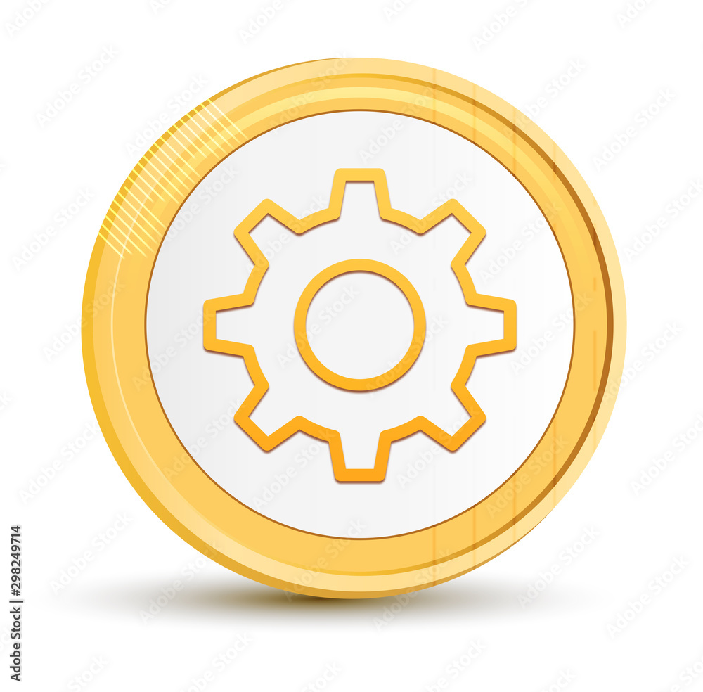 Settings icon gold round button golden coin shiny frame luxury concept abstract illustration isolated on white background Settings icon gold round button golden coin shiny frame luxury concept abstract illustration isolated on white background