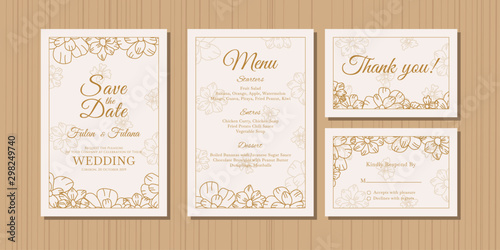 outline wedding invitation card set traditional retro rustic vintage modern abstract doodle hand drawn floral and beauty flower background template mockup ornament gold colorful vector illustration
