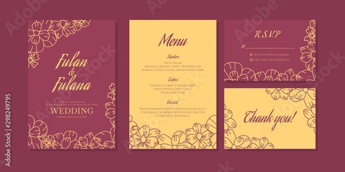 outline wedding invitation card set traditional retro rustic vintage modern abstract doodle hand drawn floral and beauty flower background template mockup ornament gold colorful vector illustration