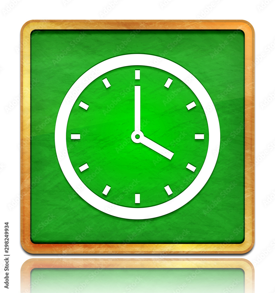 Clock icon chalk board green square button slate texture wooden frame concept isolated on white background with shadow reflection Clock icon chalk board green square button slate texture wooden frame concept isolated on white background with shadow reflection