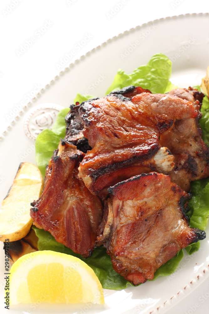 Korean food, pork spareribs  barbecue  served with lemon for gourmet food image
