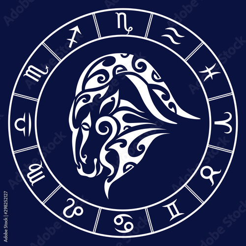 Zodiac sign capricorn and circle constellations in maori tattoo style. White on dark blue background vector illustration isolated.