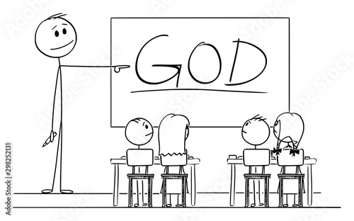 Vector cartoon stick figure drawing conceptual illustration of teacher in classroom with marker in hand pointing at god word written on whiteboard.