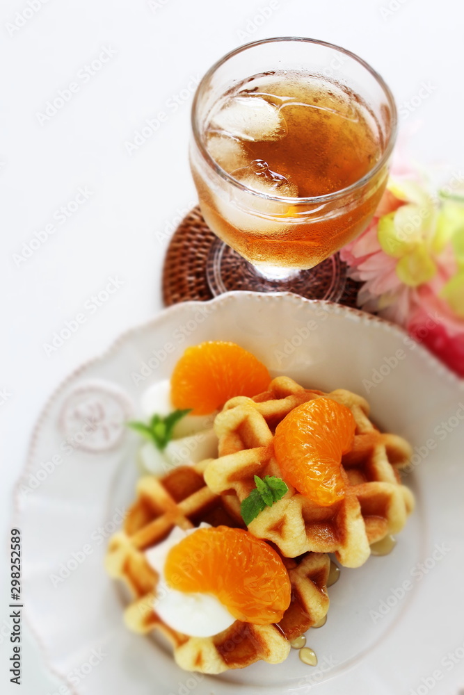 Canned mandarin orange and waffle for gourmet breakfast Canned mandarin orange and waffle for gourmet breakfast