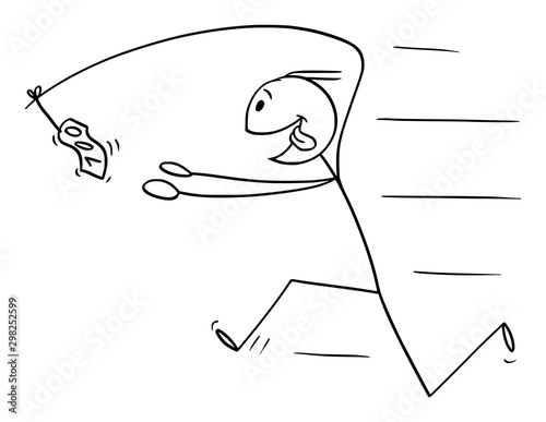 Vector cartoon stick figure drawing conceptual illustration of businessman chasing money on fishing rod attached to his back.