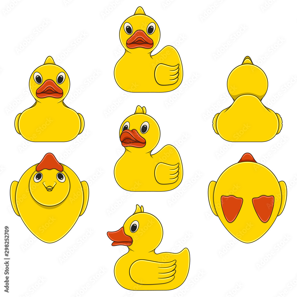Set of color illustrations with toy yellow duck. Isolated vector objects on a white background. Set of color illustrations with toy yellow duck. Isolated vector objects on a white background.