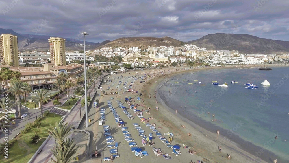 Overhead aerial view of beautiful Tenerife coastline in summer season, Canary Islands