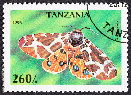 Stamp from Tanzania with a photo of a beautiful single colored butterfly on paper photo