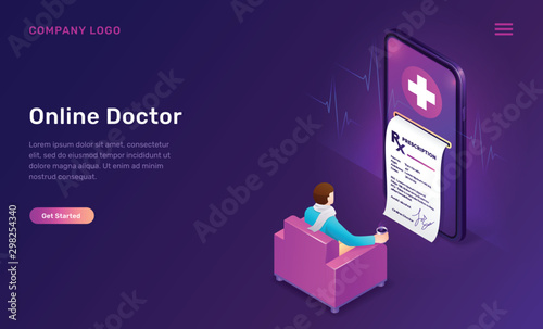 Online doctor, medicine isometric concept vector illustration. Distance telemedicine app for mobile phones. Smartphone screen with paper recipe and Illness patient sitting in home chair, purple banner