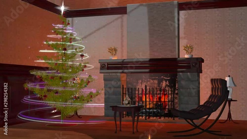 3D rendering of lit fireplace and a Christmas tree.