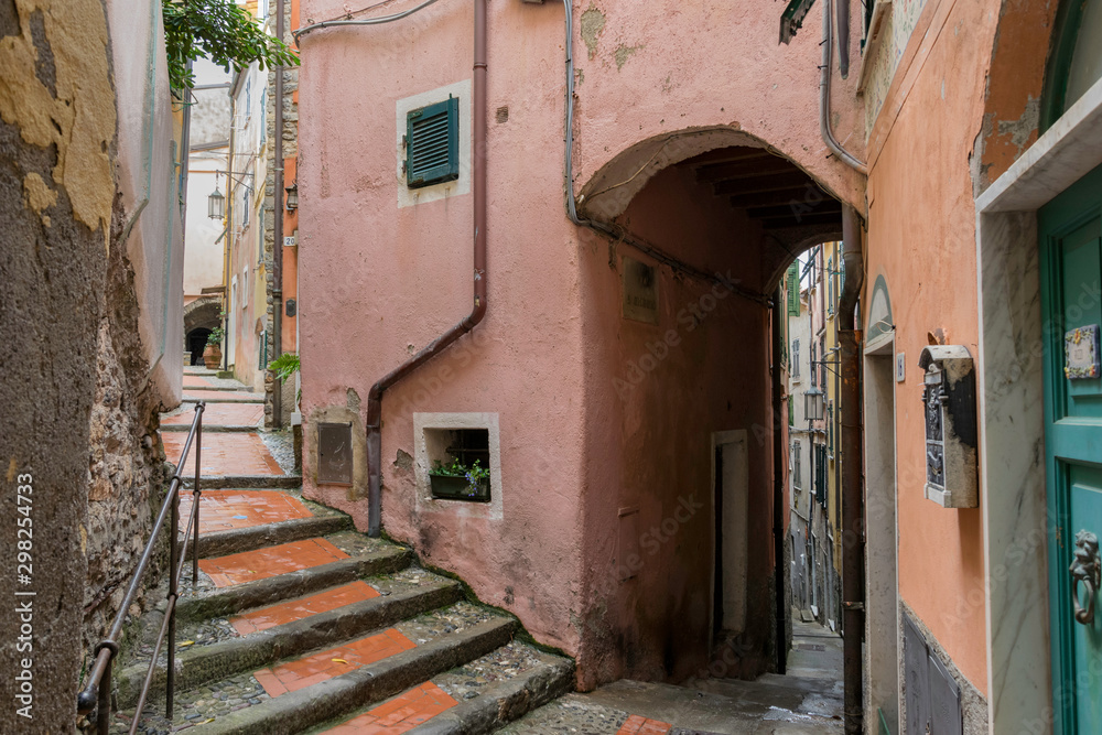 Typical narrow street in the old town of Tellaro in Italy