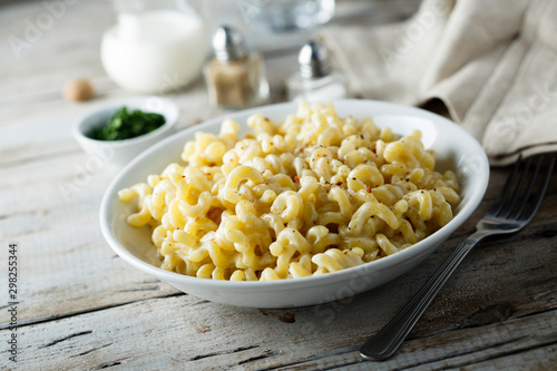 Homemade macaroni with cheese sauce