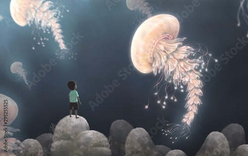 Little boy looking at giant jellyfishes , fantasy artwork photo