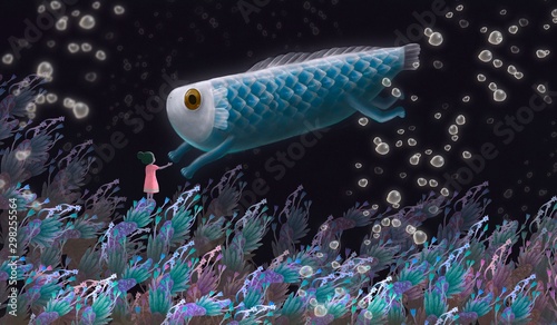 Photography Little girl with cute blue monster fish underwater, fantasy painting, imaginatio