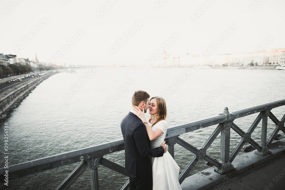 Young wedding couple, beautiful bride with groom portrait on the bridge, summer nature outdoor Young wedding couple, beautiful bride with groom portrait on the bridge, summer nature outdoor