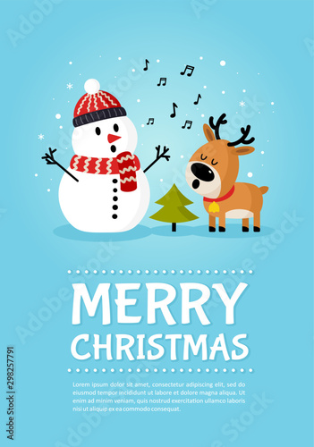 Snowman with deer singing song near Christmas tree