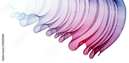 Wave of flowing particles modern relaxing illustration, transparent tulle textile on wind. Round dots vector abstract background. Beautiful wave shaped array of blended points.