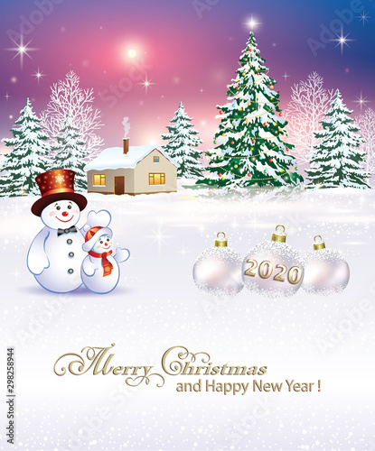 2020 Merry Christmas and New Year's Eve. Christmas tree and snowmen on winter night landscape